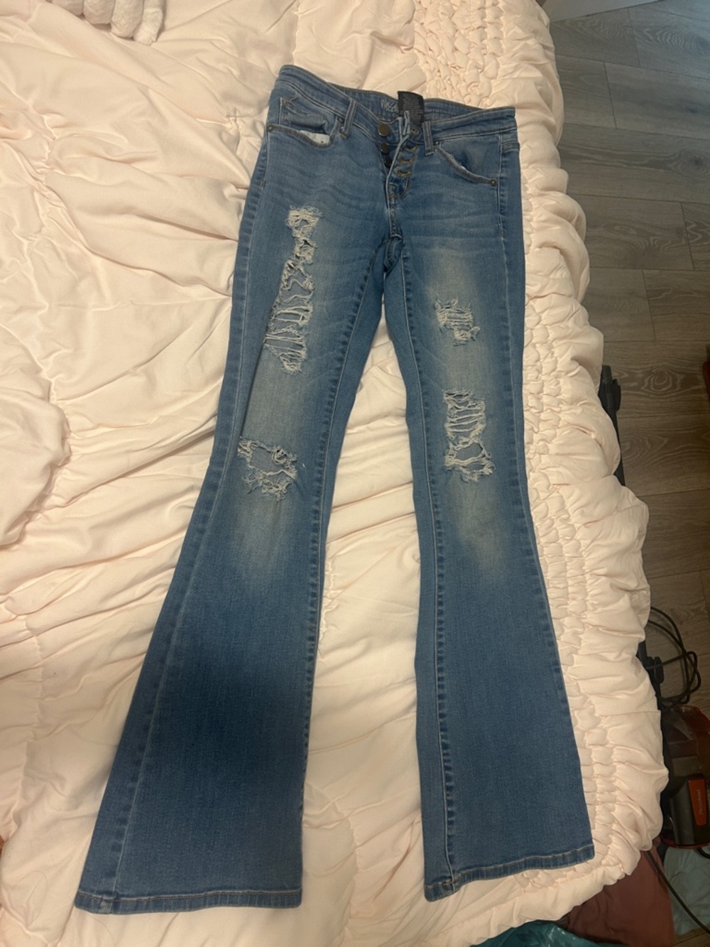 Distressed Mid-Blue Flare Jeans for Women